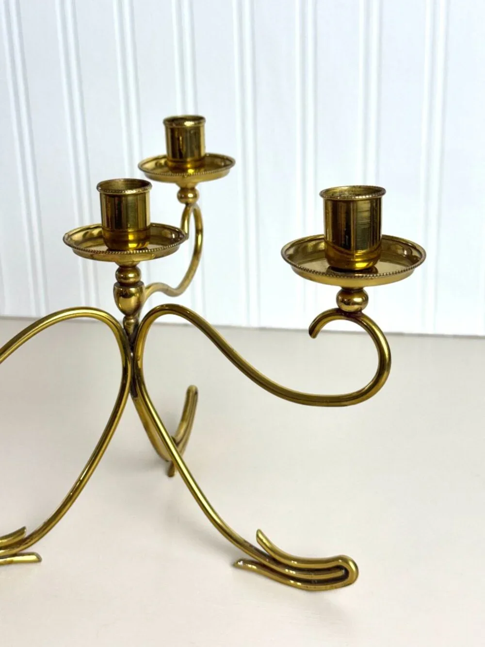 Vtg Brass Tone Candelabra 3-Arm 4-Candle Tapered Candle Stick Holder Dainty MCM